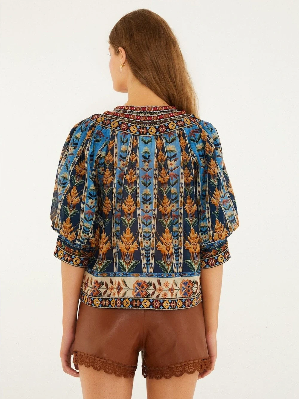Farm Rio Blue Embroidered Tapestry Tassels Puff Sleeve Blouse